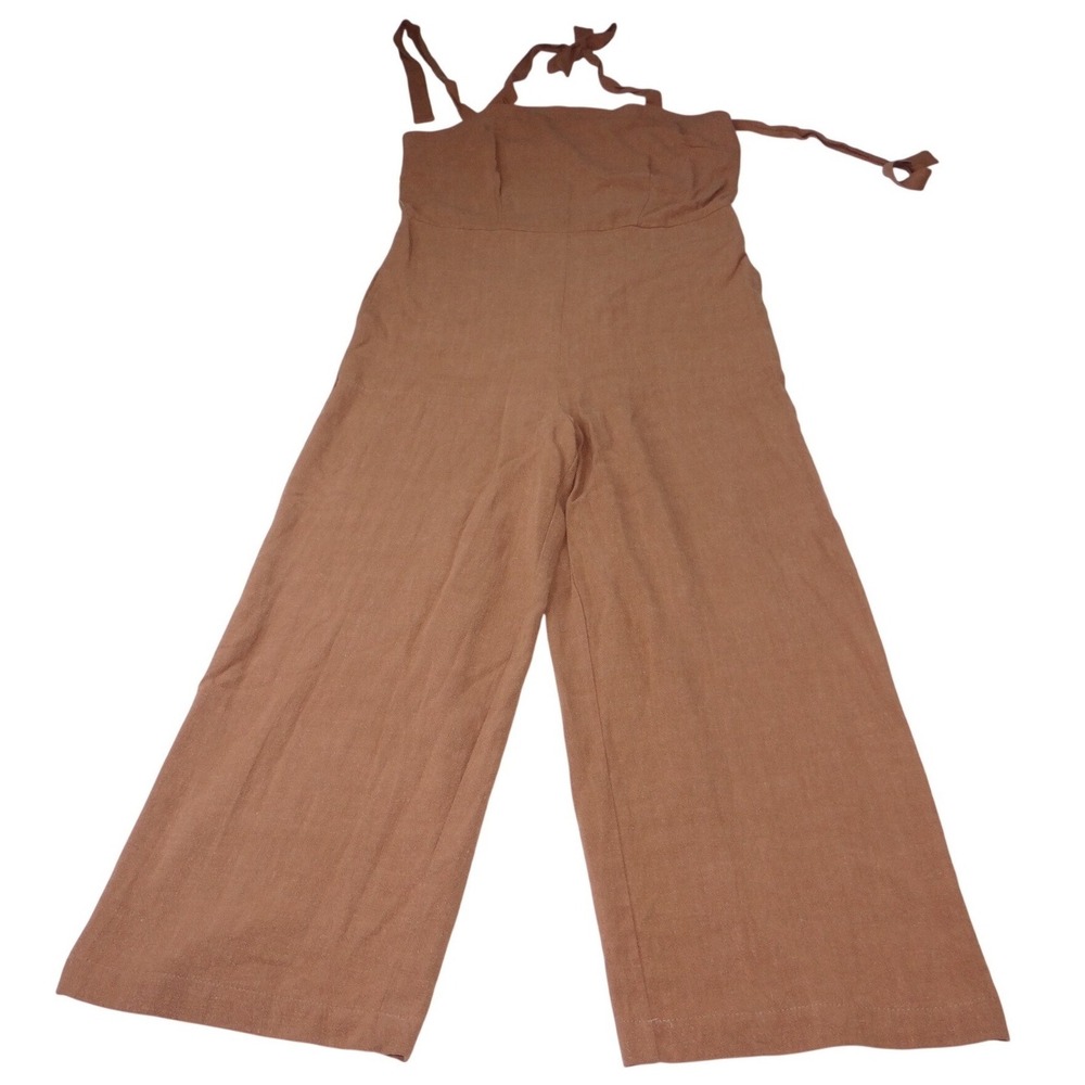 NWT-Universal‎ Thread Women Brown Wide Leg Jumpsuit Smocked Tie Neck Size M